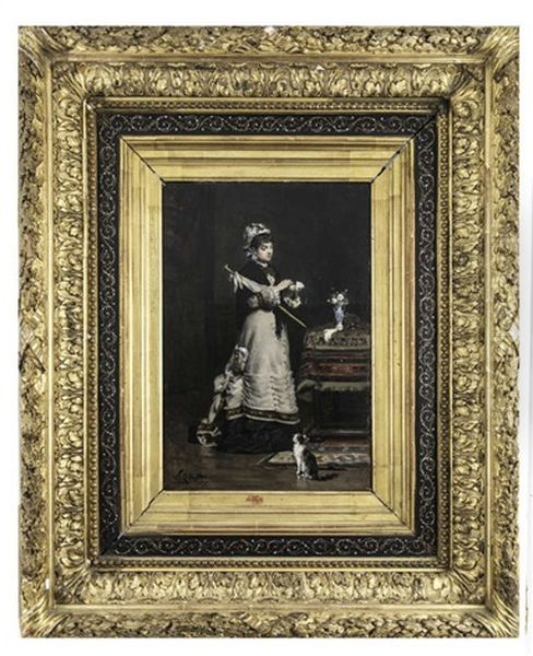 Lady With Parasol, With Cat By Feet - view 1