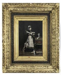 Lady With Parasol, With Cat By Feet by Victor Gabriel Gilbert