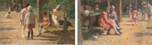 Children In A Park (+ A Couple On A Park Bench; Pair)