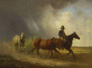 Postreiter Mit Pferden Bei Aufziehendem Gewitter by Alois Bach