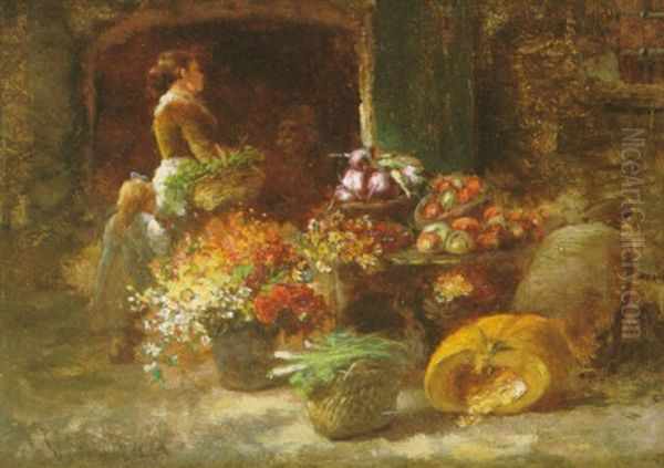 Scene De Marche Aux Fleurs Et Aux Legumes - view 1