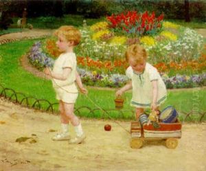 Two Children With A Cart Of Toys by Victor Gabriel Gilbert