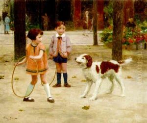 A Boy And A Girl With Hoops And A Dog by Victor Gabriel Gilbert