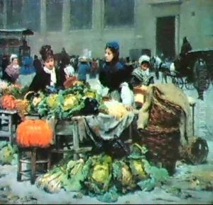 A Vegetable Stand, At Les Halles Centrales, Paris by Victor Gabriel Gilbert