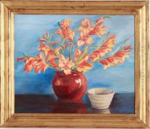 Still Life: Gladioli In Red Vase And Bowl by Emma S. Gilchrist