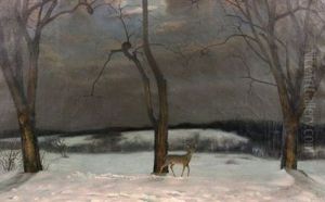 Evening Or Hungry Deer Approaching Near To Human Habitation by William Wallace Gilchrist