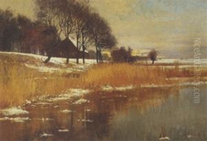 Vinterlandskab Med Solnedgang Over En So by Gustav Gildemeister