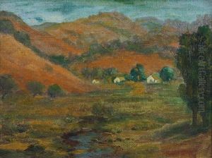 Landscape Of Hills With Three Houses by Selden Connor Gile