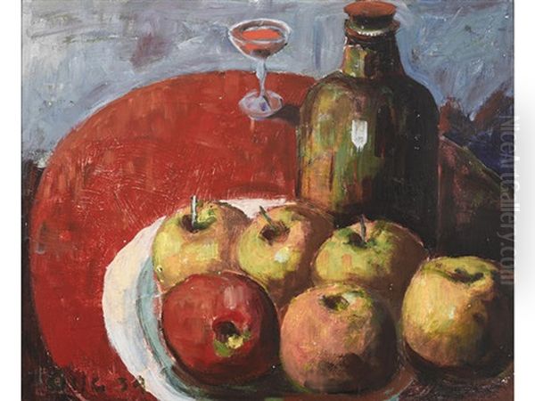 Apples, Wine And Red Table Cloth - view 1