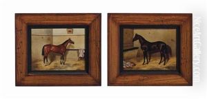 Horses In Stable (a Pair) by Geoffrey Douglas Giles
