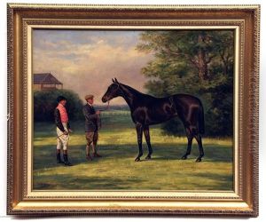 Racehorse Portrait With Jockey - Herbert Jones And Trainer - Dick Marsh by Geoffrey Douglas Giles