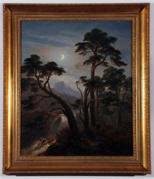 A Scottish River And Mountain Landscape By Moonlight With Deer In Foreground - view 1