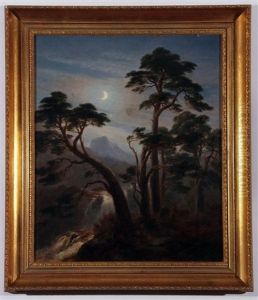 A Scottish River And Mountain Landscape By Moonlight With Deer In Foreground by James William Giles