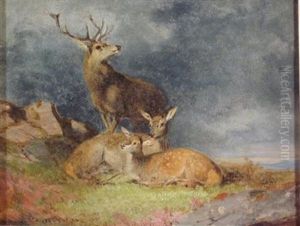 A Stag And Does In A Highland Landscape by James William Giles