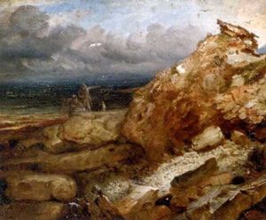 An Extensive Valley View With Figures On A Rocky Crag In The Foreground by James William Giles