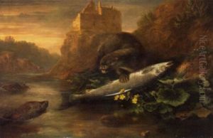 An Otter Defending Its Salmon Catch On A Riverbank With A Ruined Castle Behind by James William Giles