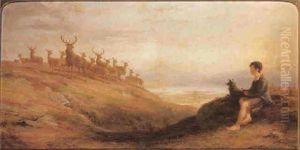 A Shepherd Boy Resting With His Dog Before A Herd Of Sheep In A Highland Landscape by James William Giles