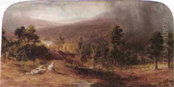 Figures Stalking Deer In A Wooded Highland Landscape by James William Giles