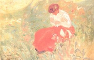 Dama Cosiendo En El Jardin by Baldoremo Gili y Roig
