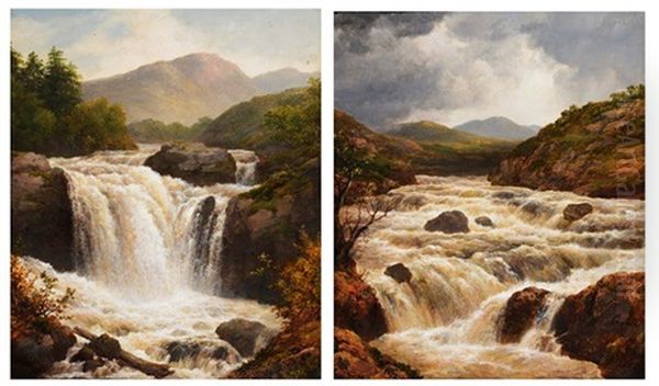 Rocky Scene With Waterfall' And 'waterfall', A Pair - view 1