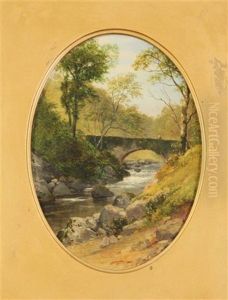 Waterfall And Stream Beneath A Stone Bridge (pair) by Edmund Gill