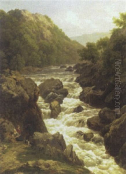 Figures Resting At A Waterfall, Wales - view 1