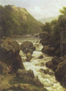 Figures Resting At A Waterfall, Wales by Edmund Gill
