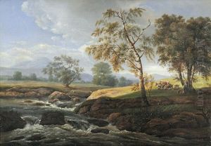 Landschaft Mit Flusschen Am Millischauer In Bohmen, Rechts Ein Hirte Mit Herde