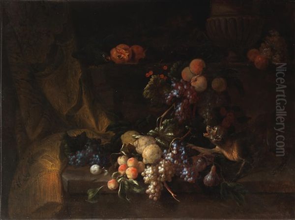 A Still Life Of Fruit With A Monkey And Parrot by Jan Pauwel Gillemans The Elder