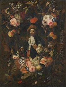 Portrait Of A Gentleman, Half-length, Surrounded By A Garland Of Flowers And Fruit by Jan Pauwel Gillemans The Elder