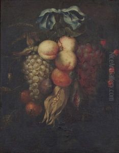 A Swag Of Hanging Fruit With A Blue Ribbon Tie by Jan Pauwel Gillemans The Elder