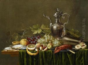 Variastillleben Mit Silberkanne, Becher, Fruchten Und Kleinem Hummer by Jan Pauwel Gillemans The Elder