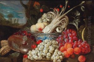 A Still Life Of Fruit And Vegetables, With A Chinese Porcelain Bowl And Brass Vessels