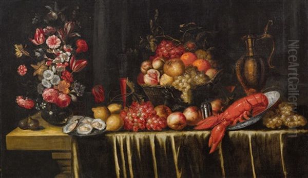 Still Life With Oysters, A Lobster, A Vase Of Flowers And A Basket Of Fruit - view 1