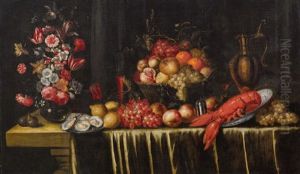 Still Life With Oysters, A Lobster, A Vase Of Flowers And A Basket Of Fruit