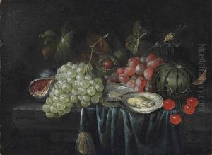 Grapes, Oysters, Chestnuts, A Fig And Cherries On A Partially Draped Stone Ledge by Jan Pauwel Gillemans The Elder