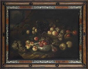 Grapes, Apples And Oranges In A Wicker Basket, With Pears, Figs And Peaches In A Porcelain Bowl, On A Bank In A Landscape by Jan Pauwel Gillemans The Elder