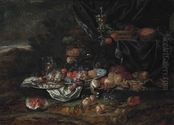 Grapes, Peaches And Plums On A Porcelain Dish, With A Roemer, A Fish On A Pewter Charger And Fruit In A Tazza, With A Partly-peeled Lemon - view 1