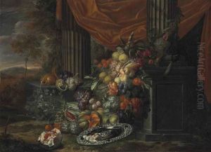 Fruits, Vegetables, And A Silver Tray With A Bird And A Squirrel In A Classical Portico Before A Landscape