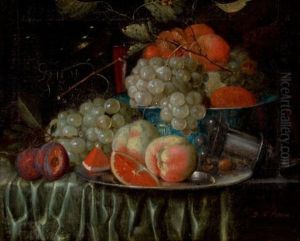 Still Life Of Fruit Arranged On A Draped Table With Pewter Plate And Chinese Porcelain Bowl by Jan Pauwel Gillemans The Elder