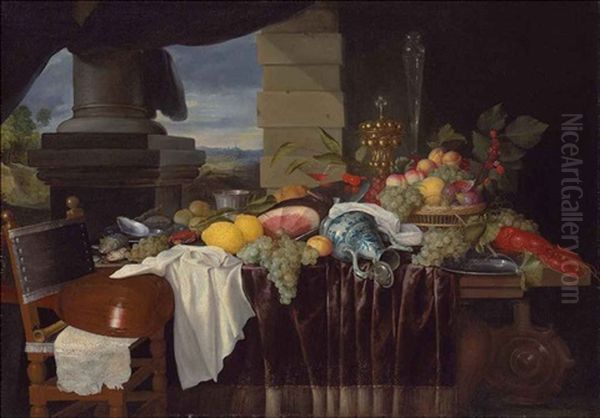 A Pronk Still-life With Fruit And A Lobster, A Lute On A Chair, A Landscape Seen Through A Colonnade Beyond - view 1