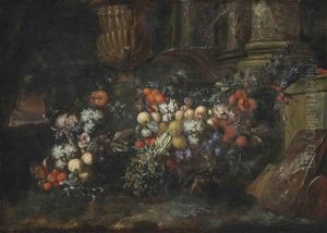 Grapes, Plums, Pomegranates, Oranges And Other Fruit With A Parrot Among Classical Ruins In A Landscape