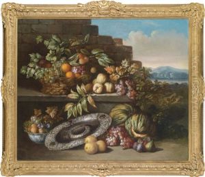 Ein Fruchtestillleben Mit Einer Silbernen Prunkschale Auf Einem Sockel In Einer Weiten Landschaft