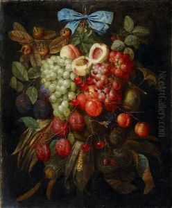 Fruchtegebinde An Blauer Schleife (+ Another, Similar; Pair) by Jan Pauwel Gillemans The Elder