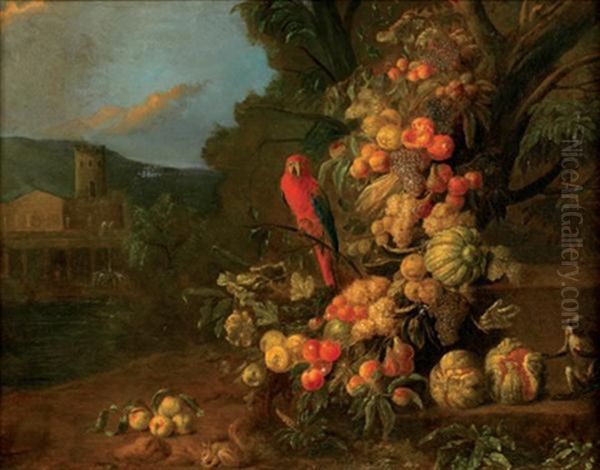 Guirlande De Fruits Animee De Perroquet, Singe Et Ecureuil Dans Un Paysage Classique - view 1