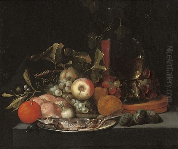A Herring On A Pewter Platter With Oranges, Figs, Apples, Grapes, A Loaf Of Bread, A Facon De Venise Glass And A Roemer - view 1
