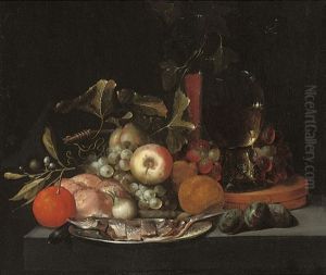 A Herring On A Pewter Platter With Oranges, Figs, Apples, Grapes, A Loaf Of Bread, A Facon De Venise Glass And A Roemer by Jan Pauwel Gillemans The Elder