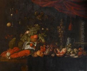 A Still Life Of Pewter Dishes Of Lobsters And Oysters, A Silver Gilt Covered Cup, Grapes, Pomegranates And Bread Rolls On A Draped Table, With A Basket Of Grapes And Peaches by Jan Pauwel Gillemans The Elder