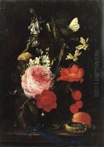 A Rose, An Anemone, A Marigold, Narcissi And Other Flowers In A Glass Vase