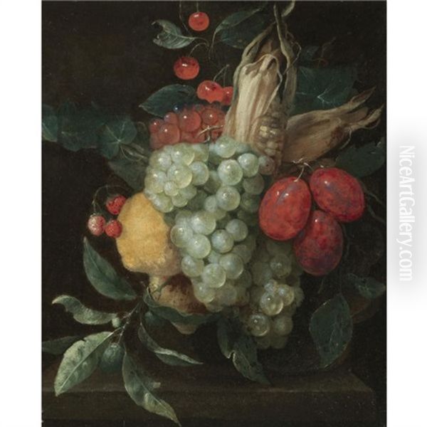 A Still Life With A Festoon Of Grapes, Plums, Lemons, Cherries, Wild Strawberries And A Corn On The Cob - view 1